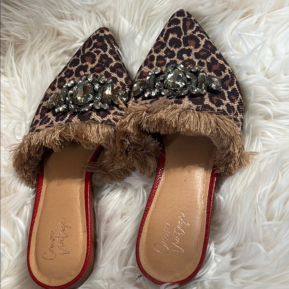 Crown Vintage Leopard Print Mules with Fringe and Embellishments - Picture 3 of 5